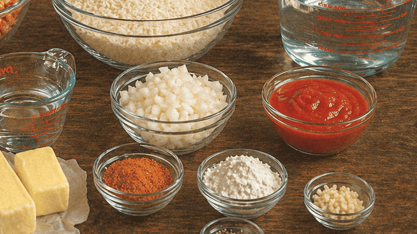 Assorted ingredients for creamy crawfish etouffee including rice, cheese, and seasonings.