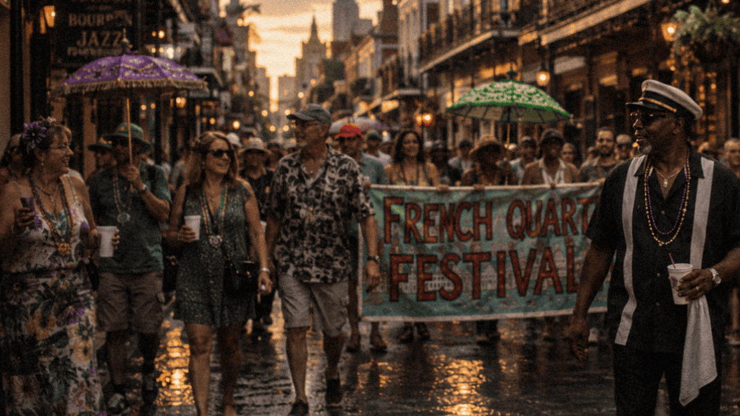 People celebrating the French quarter festival in Louisiana walking down new Orleans streets.