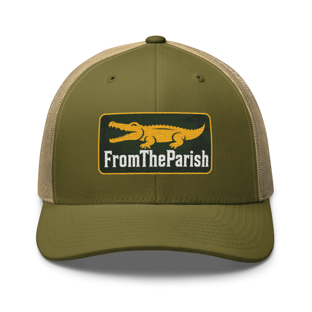 Olive green trucker hat with Louisiana alligator logo and 'FromTheParish' text.
