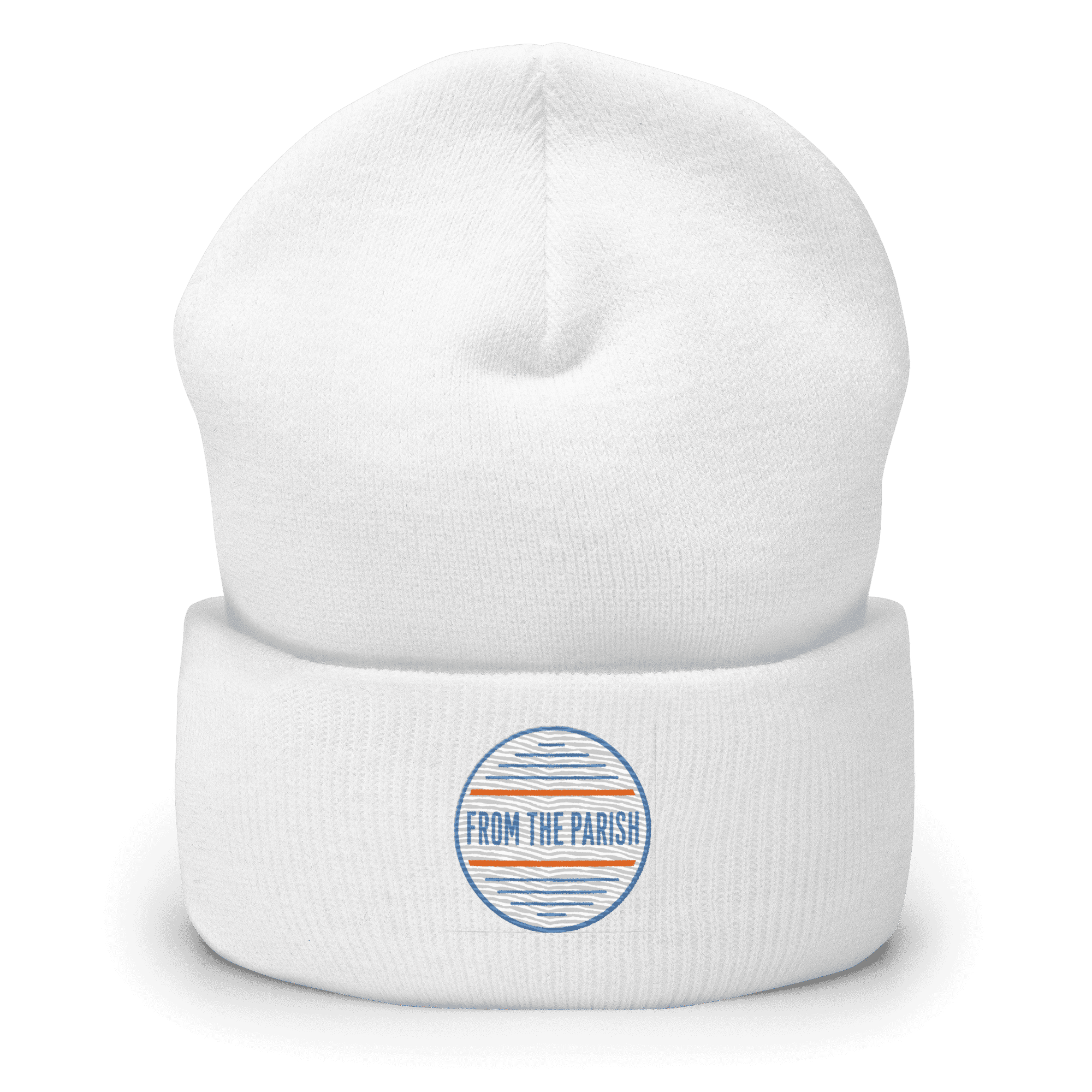 White beanie with Louisiana-themed 'From the Parish' logo for Cajun culture fans.