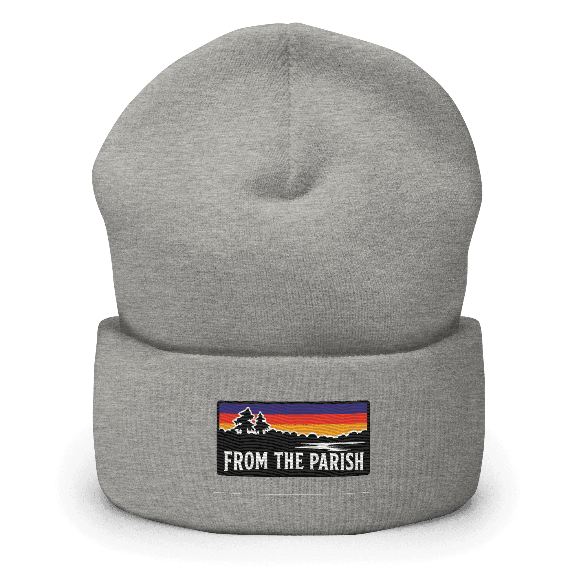 Gray Louisiana-themed beanie with 'From the Parish' logo and sunset scene.