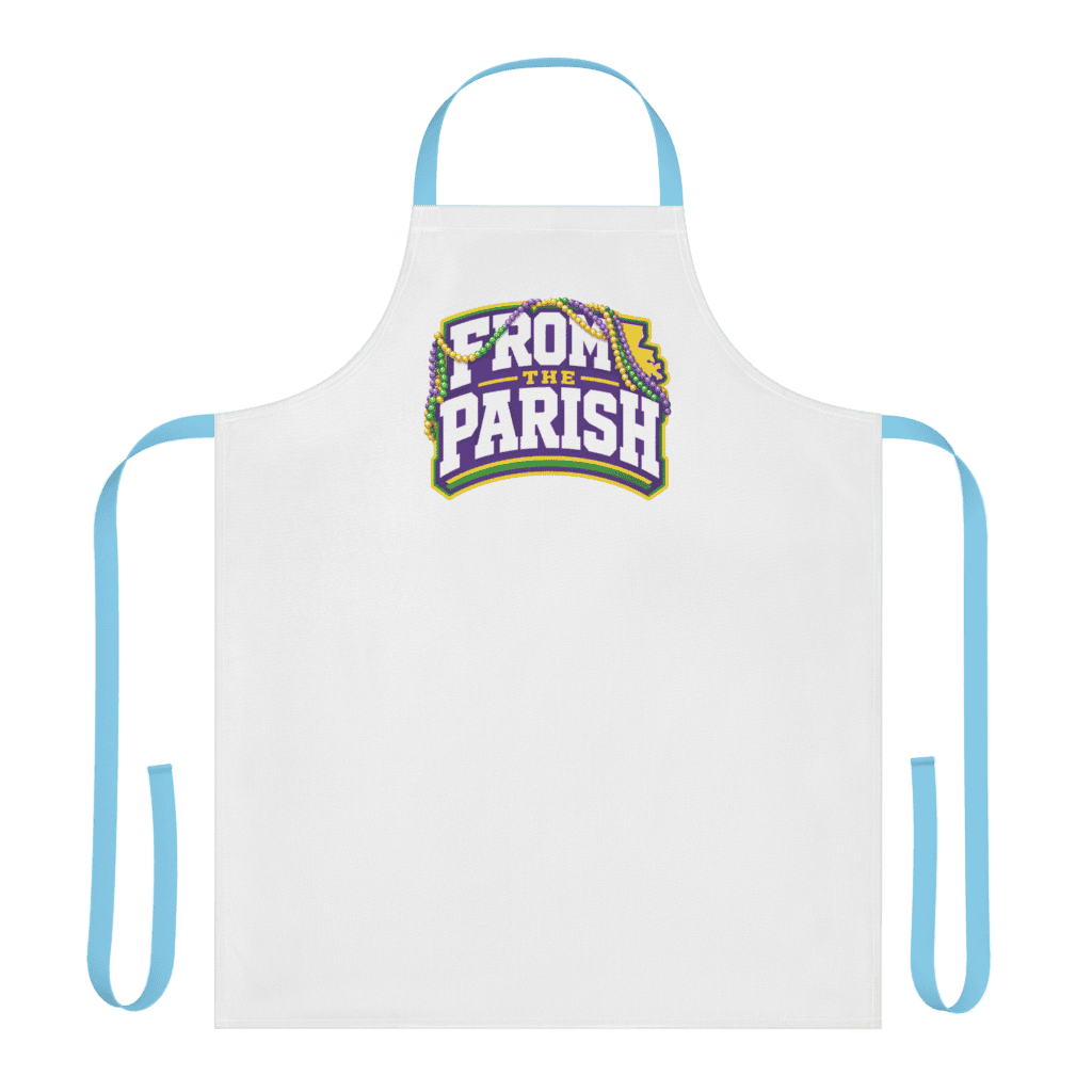 Louisiana-themed apron with 'From the Parish' logo and beads design.