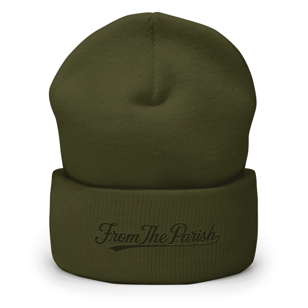 Olive green Louisiana-themed beanie with 'From The Parish' embroidery.