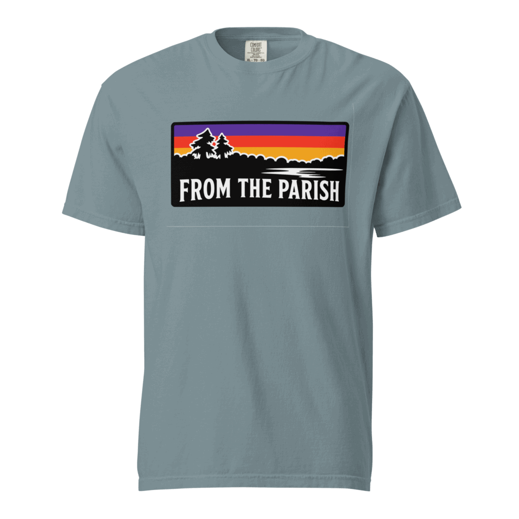 Louisiana-themed T-shirt with sunset, trees, and 'From the Parish' text.