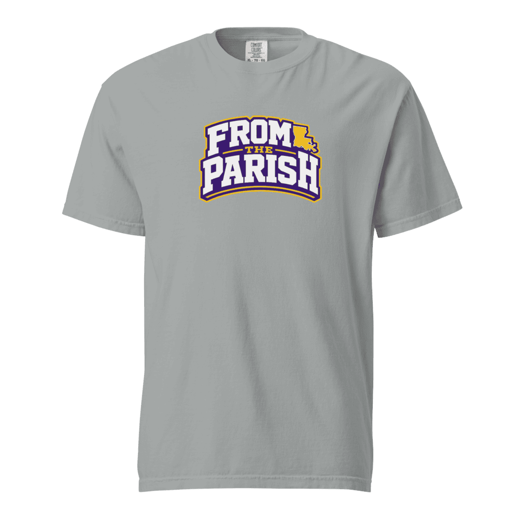 Gray T-shirt with 'From the Parish' Louisiana-themed logo.