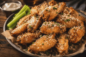 Crispy Cajun-style chicken wings with celery sticks on a rustic plate.
