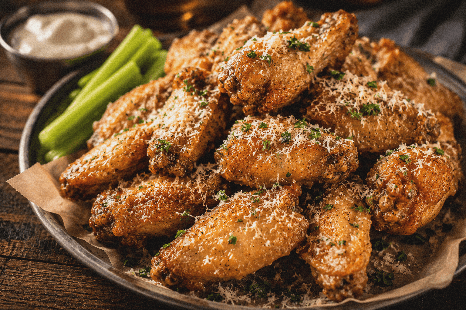 Crispy Cajun-style chicken wings with celery sticks on a rustic plate.