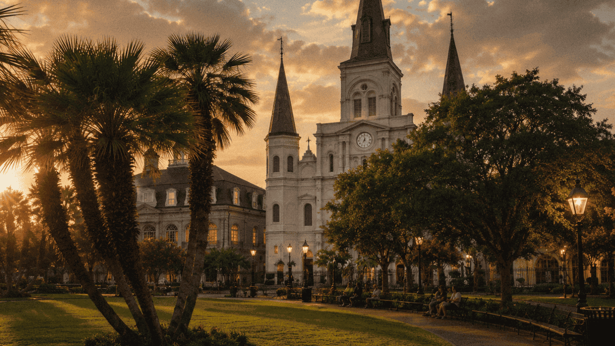 Historic Louisiana church with palm trees at sunset.