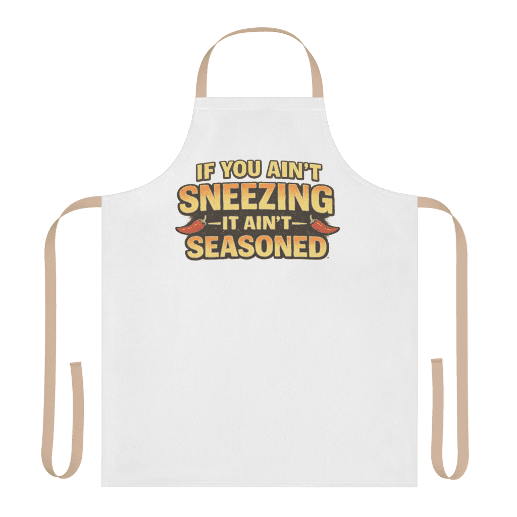 Louisiana-themed apron with humorous SNEEZING quote and chili peppers.