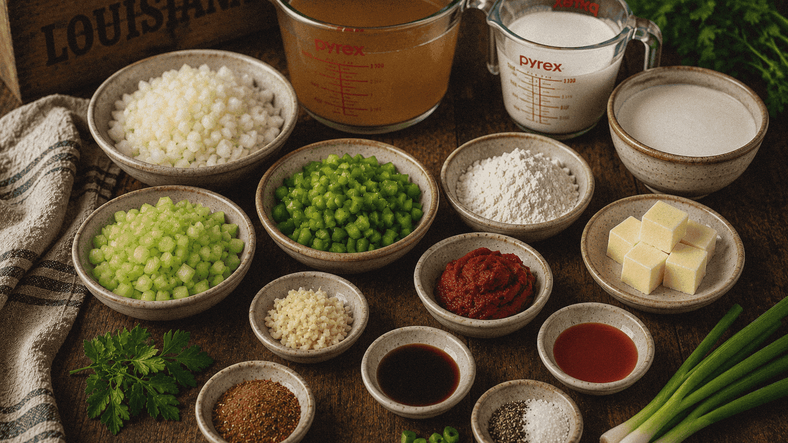Louisiana-inspired ingredients for Cajun cooking with green onions, spices, and broth.