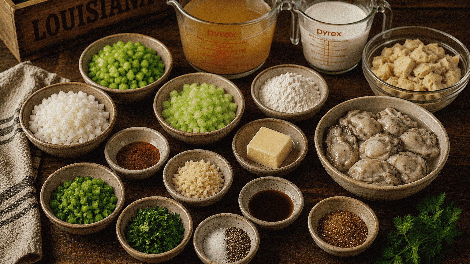 Louisiana Cajun ingredients for gumbo with vegetables, spices, and broth.