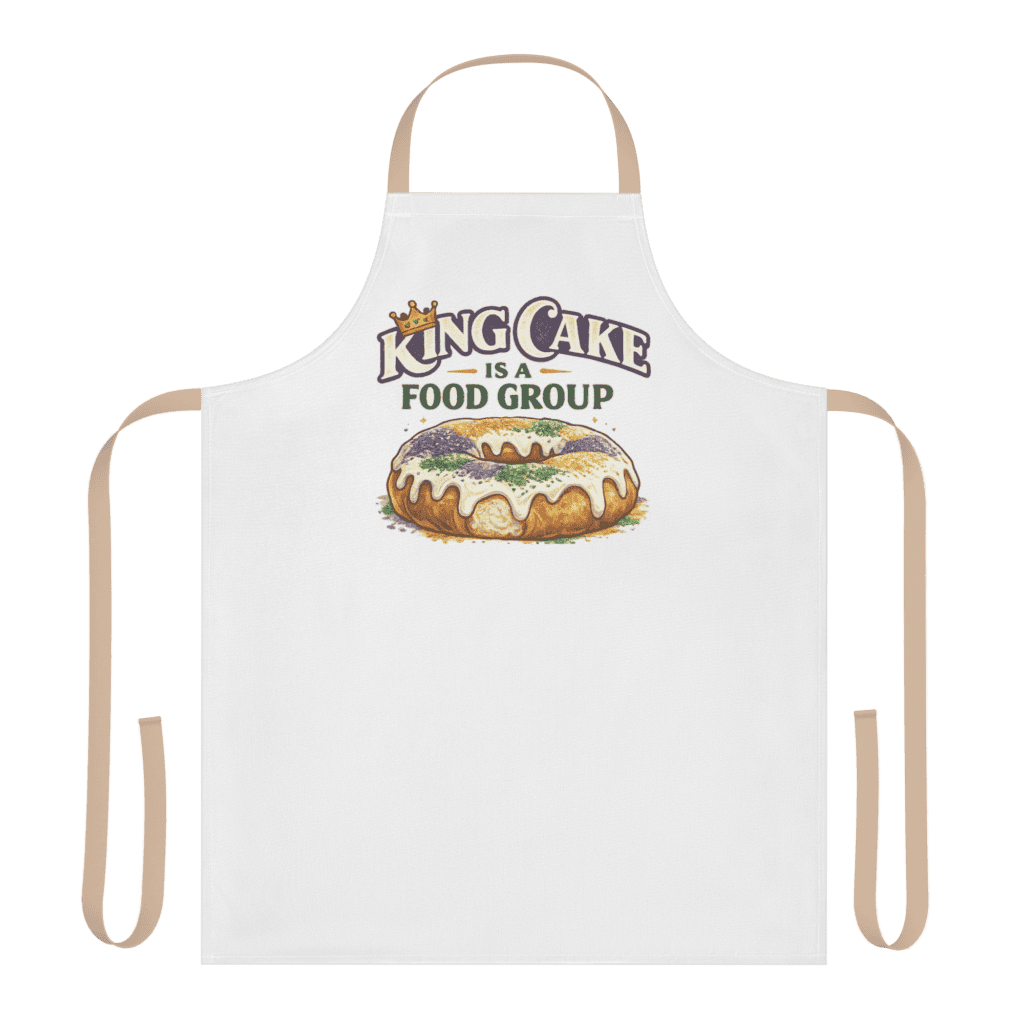 King Cake apron with Louisiana-themed design for Mardi Gras celebrations.