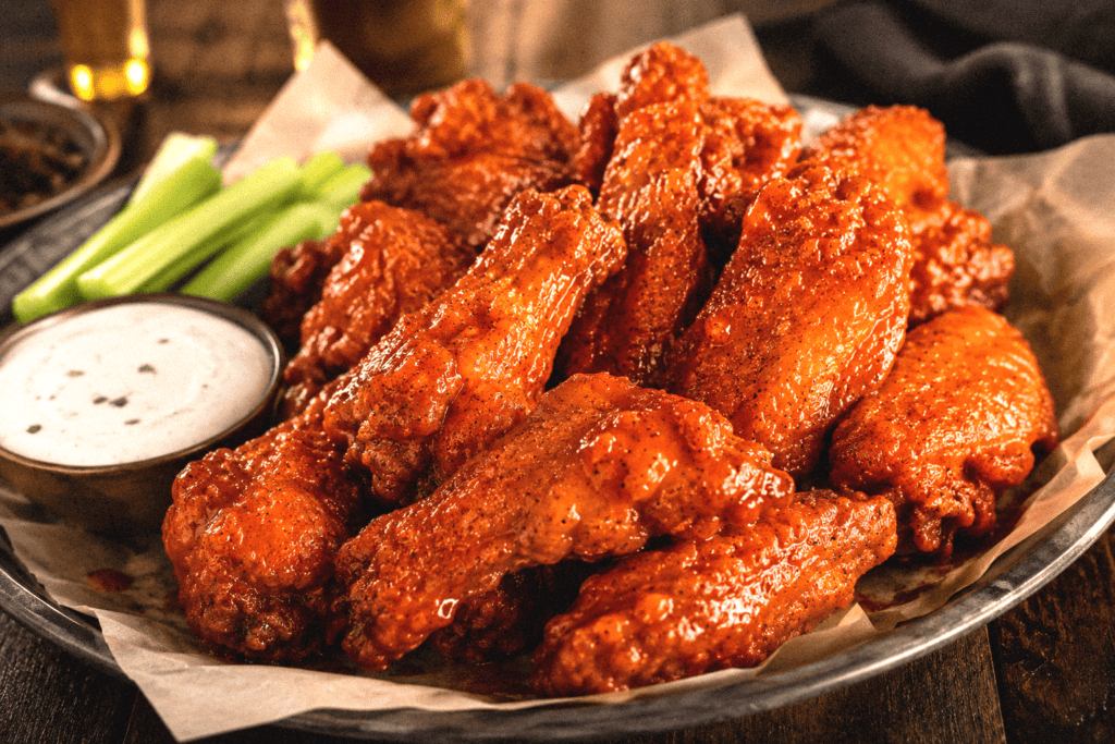 Crispy Louisiana-style fried chicken wings with celery and dipping sauce.