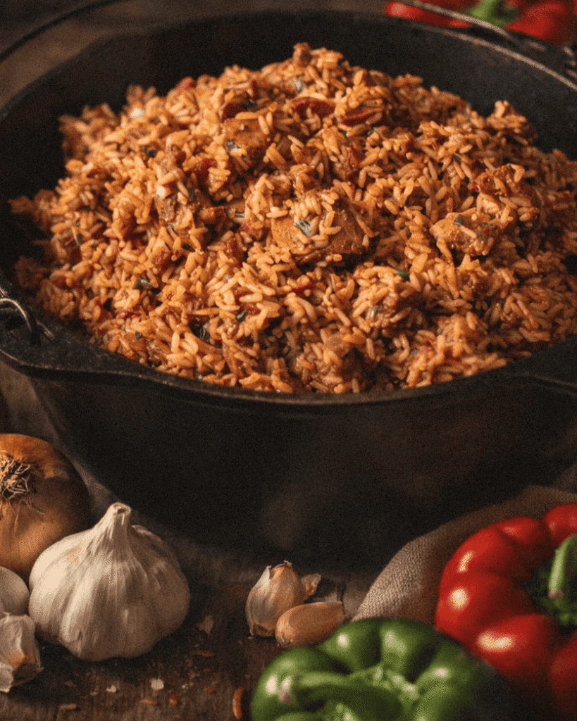 Traditional Cajun jambalaya in a black cast iron skillet with peppers and garlic.