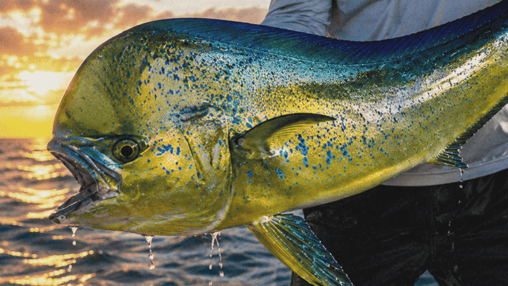 Louisiana fisherman holding a vibrant blue and yellow fish at sunset.