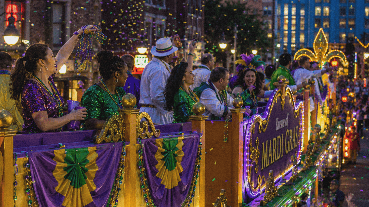 Mardi Gras parade with colorful floats, dancers, and festive decorations in New Orleans.