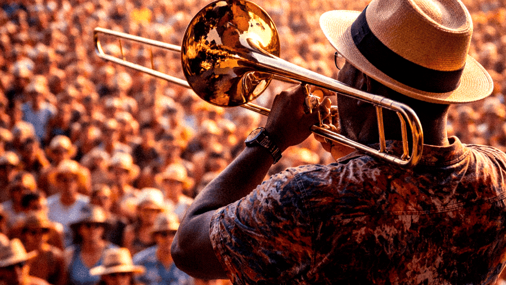 Musician playing trumpet at outdoor Louisiana festival with large crowd and sunset background.
