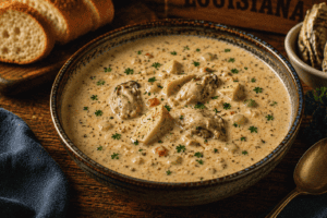 Louisiana crawfish etouffee in a rustic bowl with bread and crackers nearby.