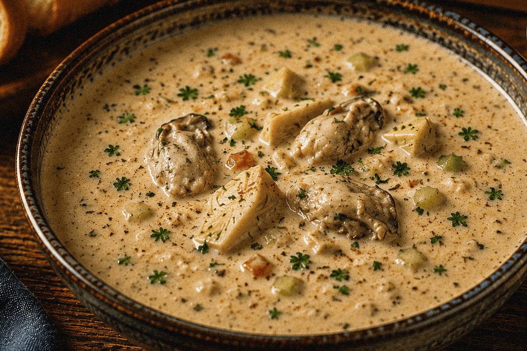 Creamy Louisiana seafood gumbo with oysters and herbs in a rustic bowl.