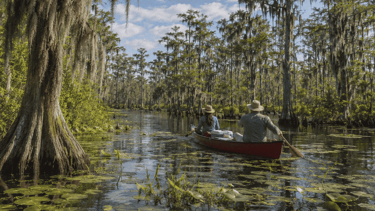 Two people paddling a canoe through a swamp with cypress trees and Spanish moss.