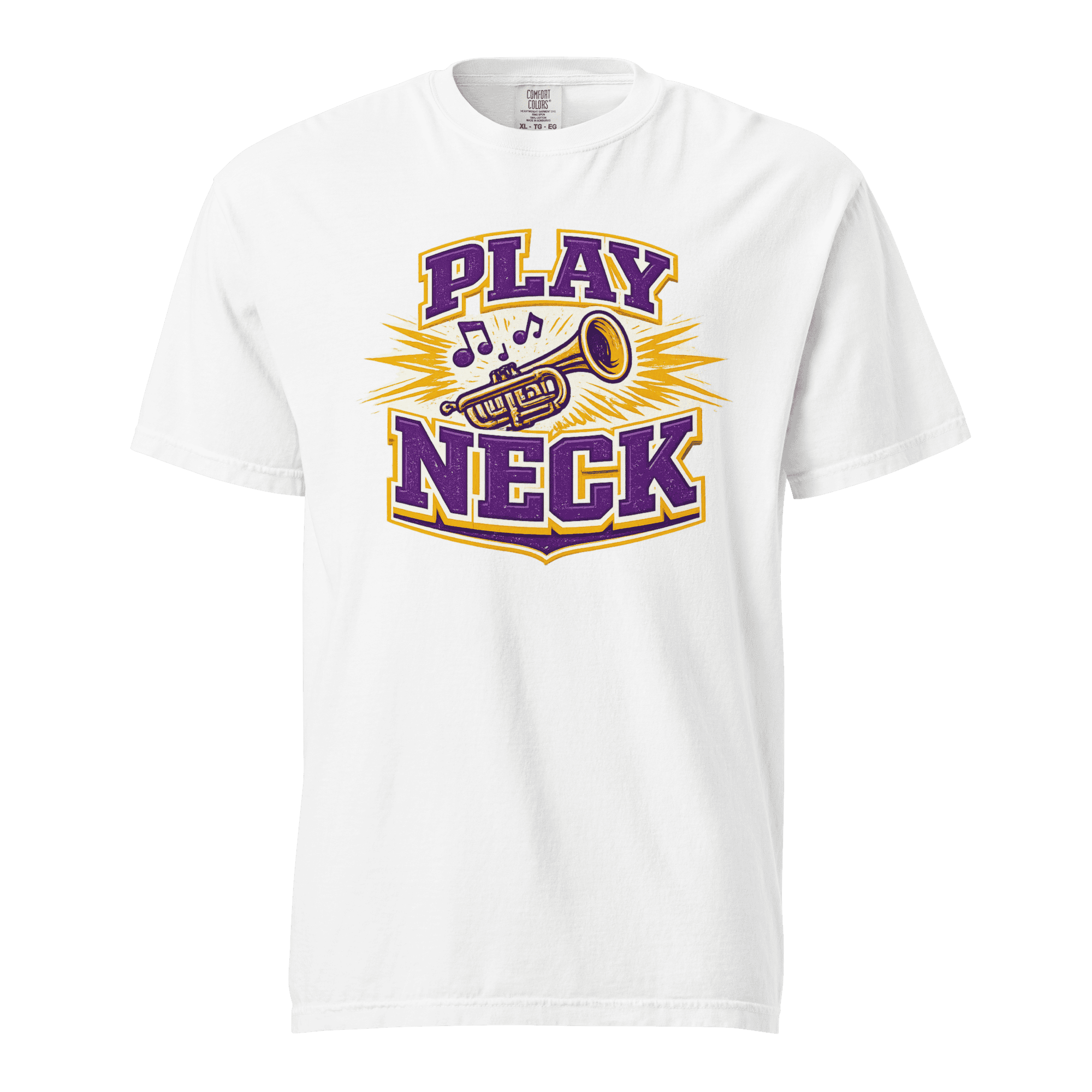 Louisiana-themed T-shirt with 'Play Neck' slogan and saxophone graphic.
