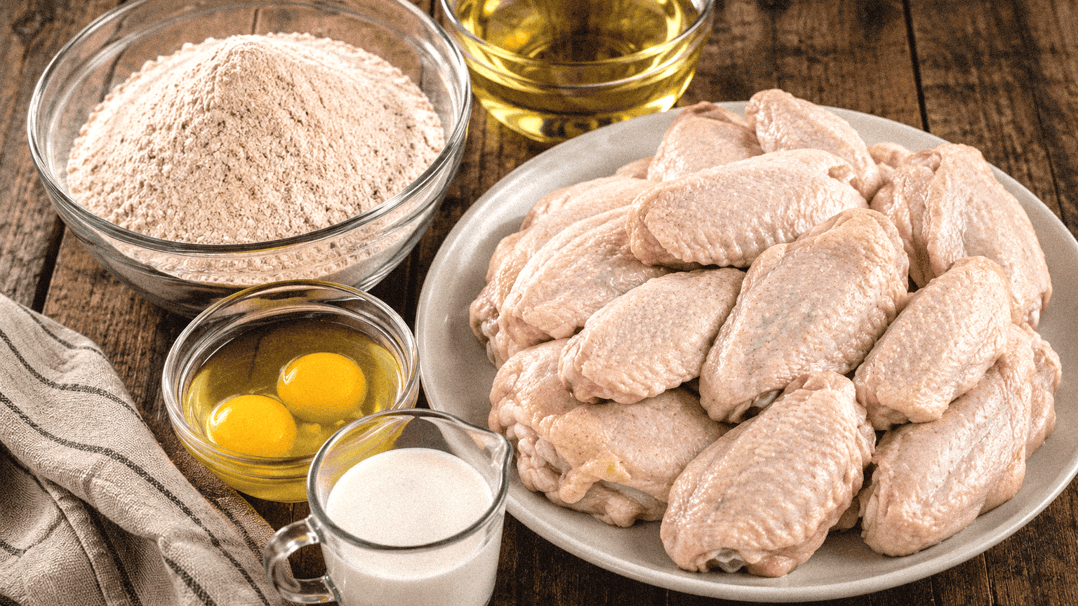 Raw chicken wings with flour, eggs, milk, and oil for Cajun cooking in Louisiana.