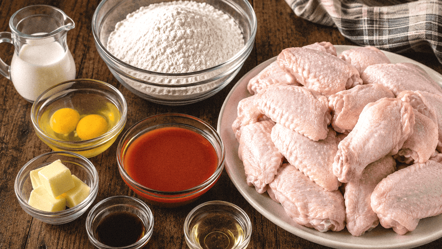 Louisiana Cajun chicken wing ingredients on a wooden table.