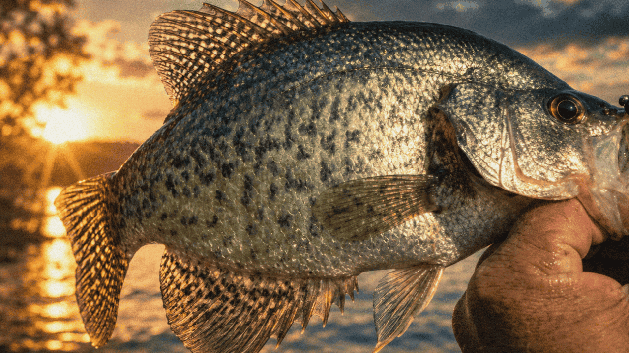 Crappie fish caught at sunset with a scenic water background.