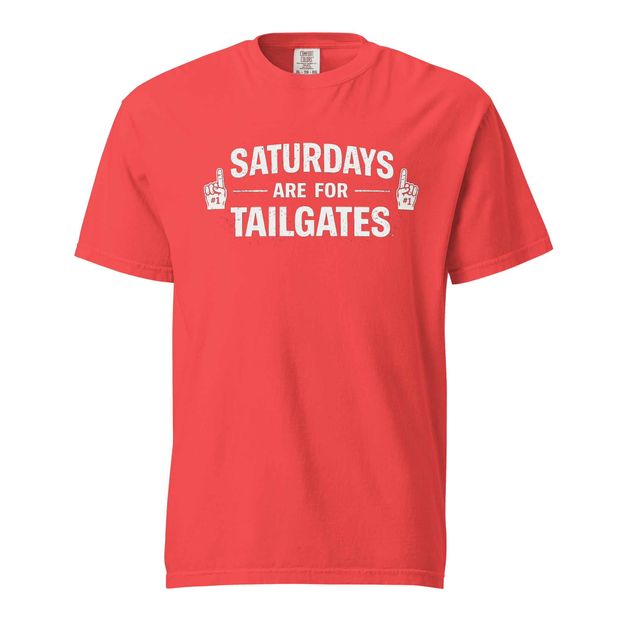 Red T-shirt with 'Saturdays Are for Tailgates' slogan and finger-pointing graphics.