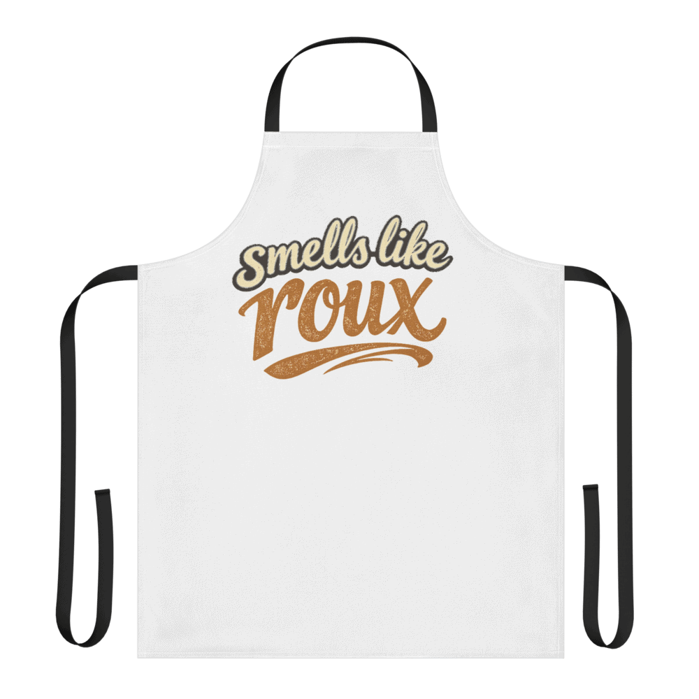 Apron with 'smells like roux' text, Louisiana Cajun cooking theme.