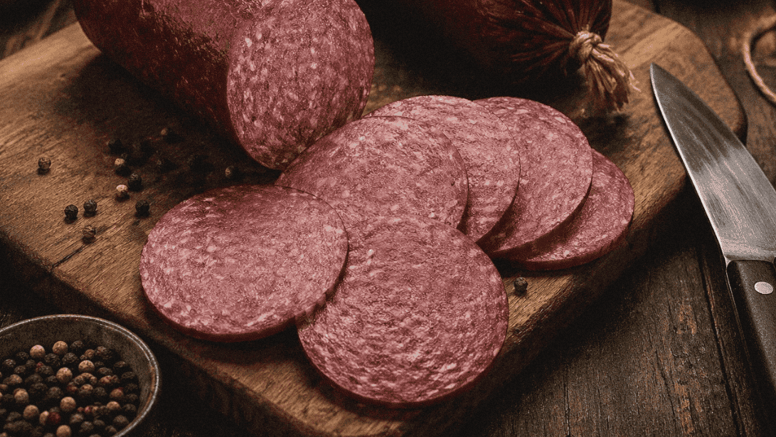 High-quality sliced venison summer sausage with whole sausage on rustic wooden board.