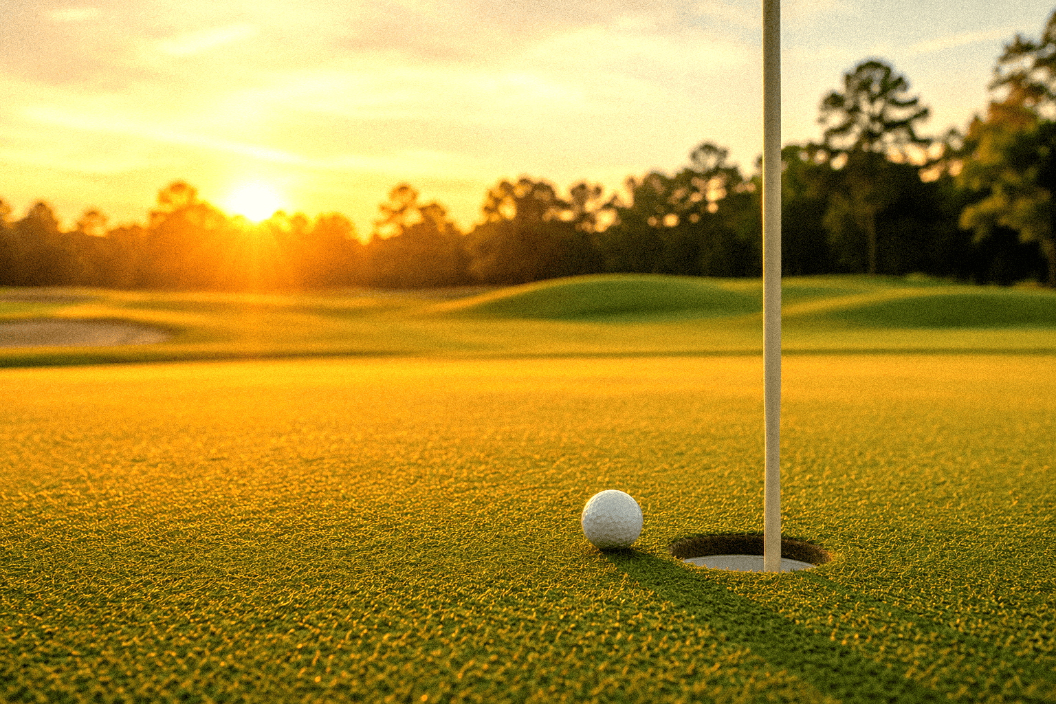 Golf ball near hole on lush green course at sunset in Louisiana.