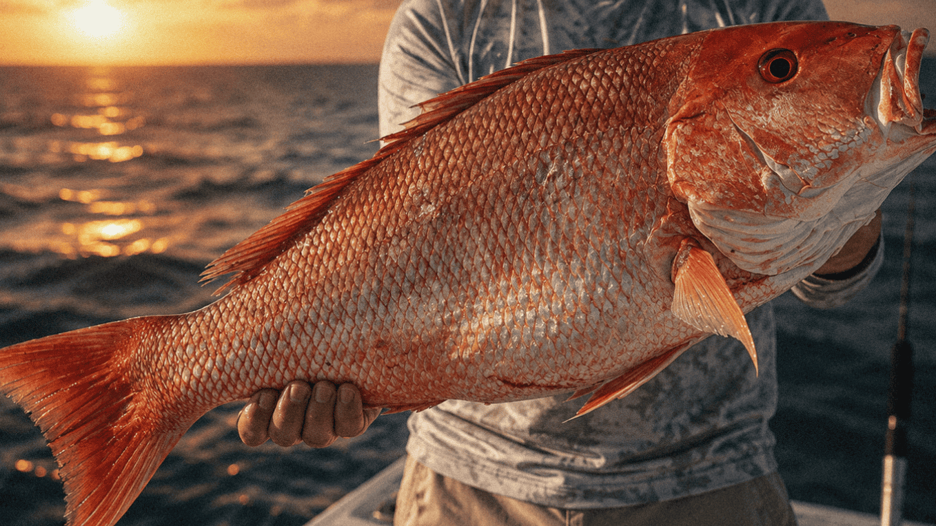 Red Snapper fish held by a person during sunset fishing in the Guld of Mexico.